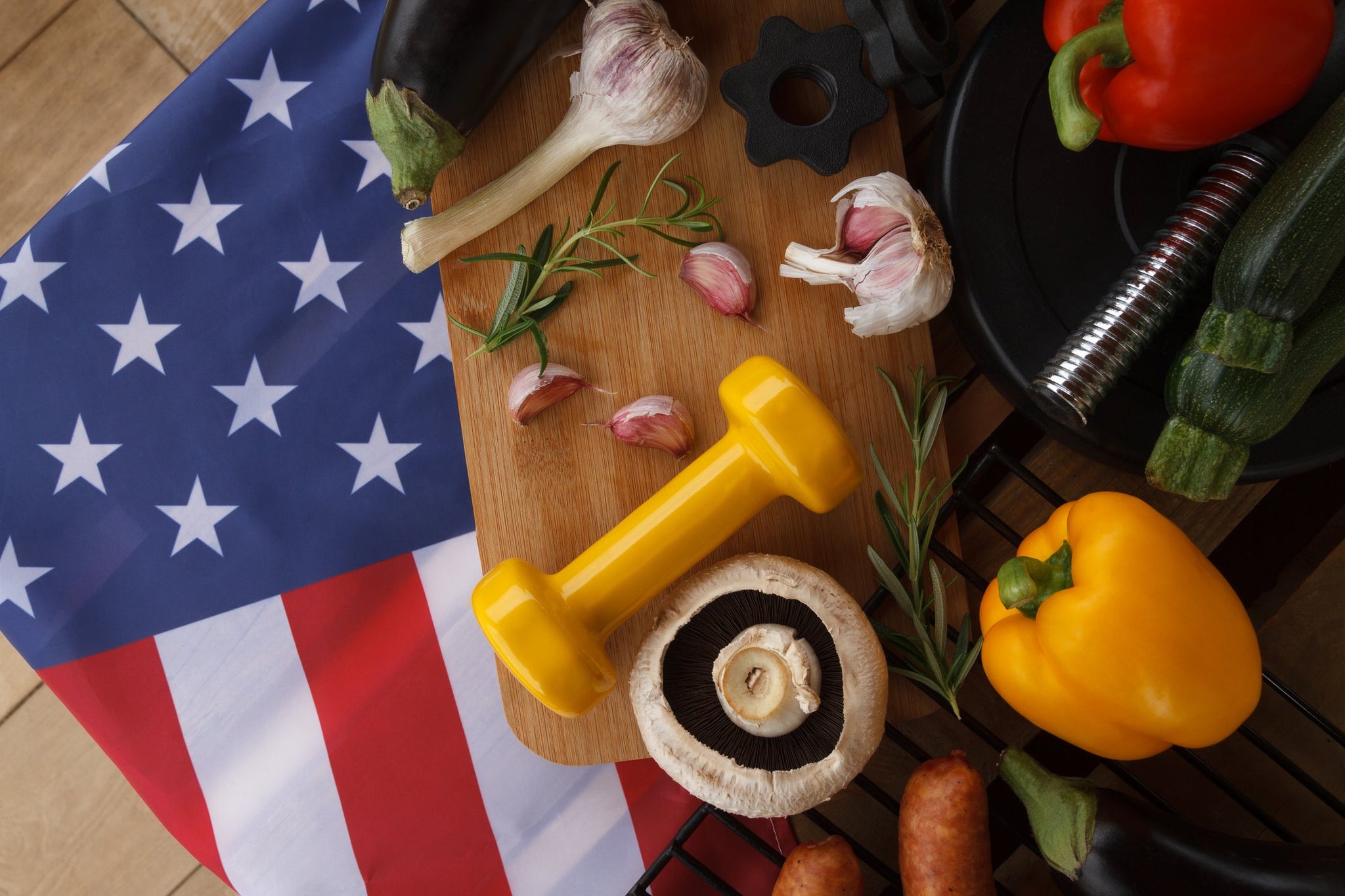 American Flag with weights and healthy foods