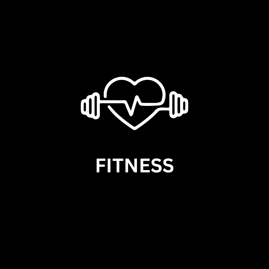 Fitness icon with heart and barbell on a black background