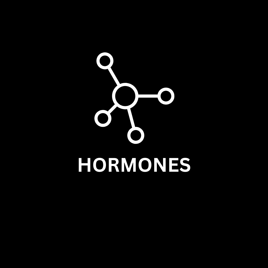 White hormone molecule icon with 'HORMONES' text on a black background