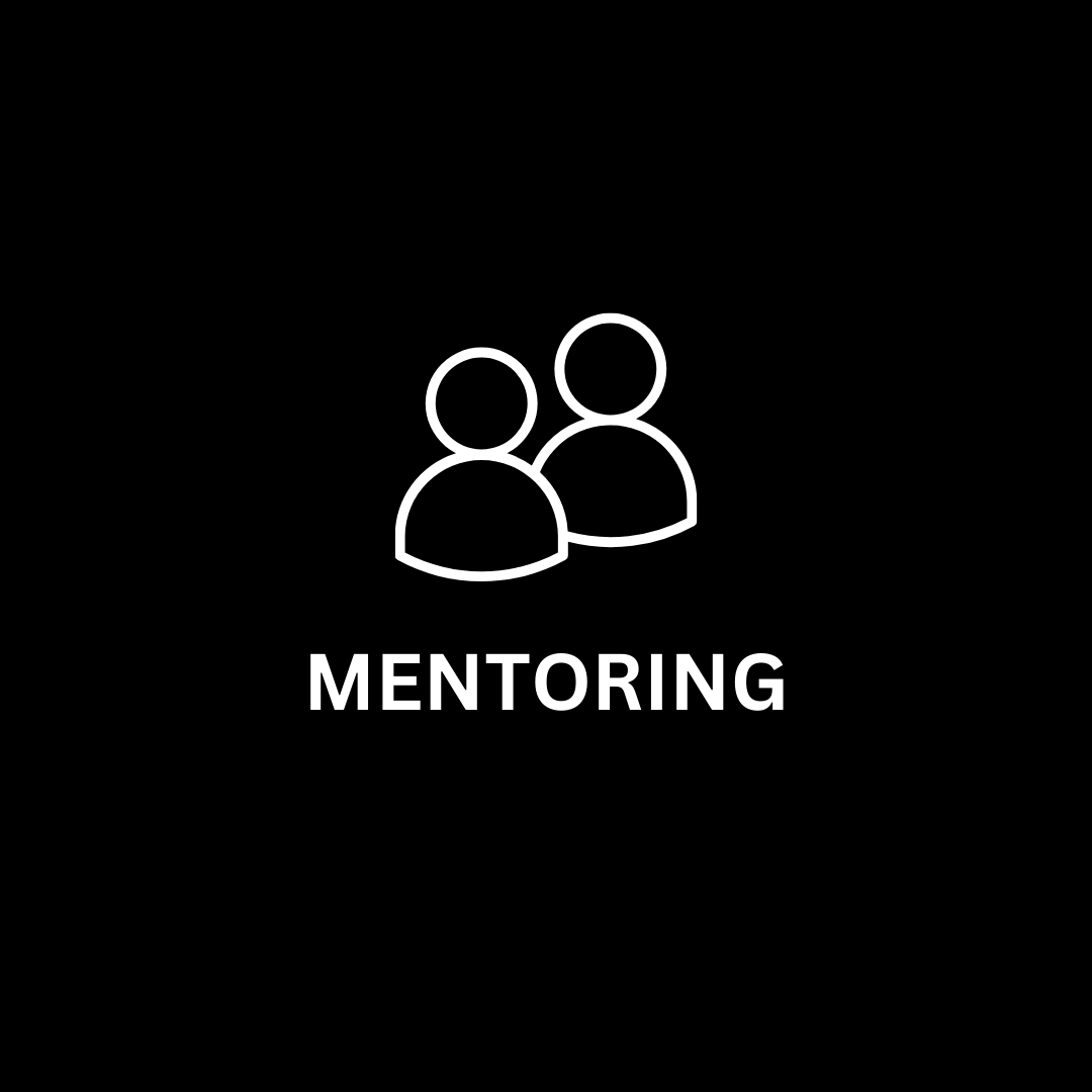 White icon of two people with 'MENTORING' text on a black background