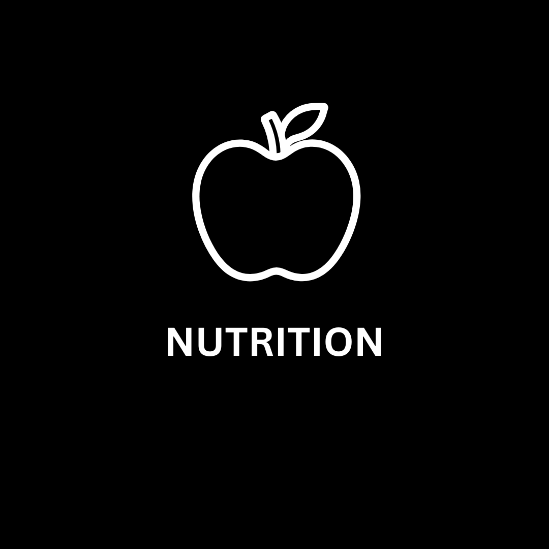 White outline of an apple with a leaf and the word 'NUTRITION' below on a black background