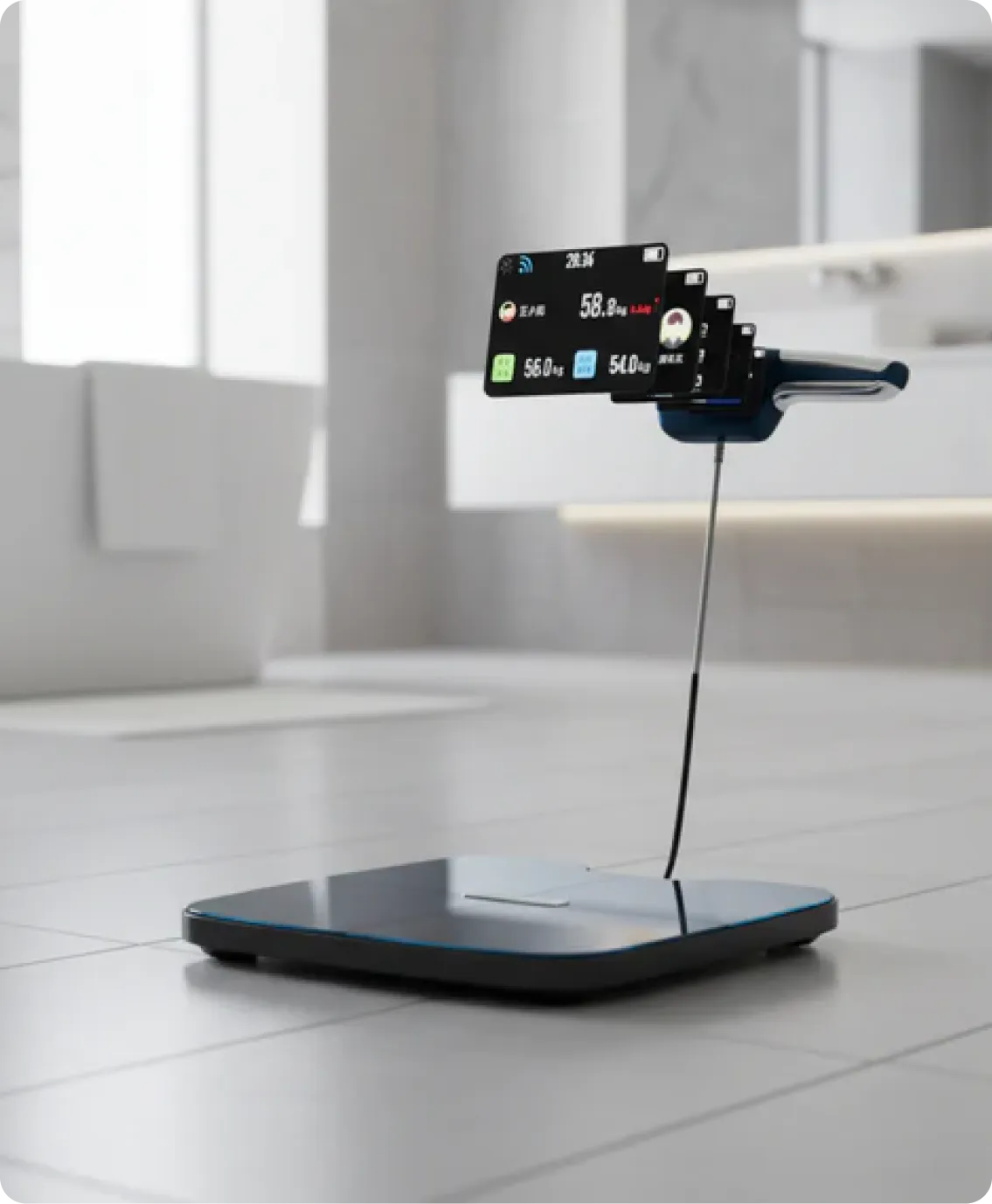 DEXA Plus Body Composition scale with a smartphone displaying health app on a white floor.