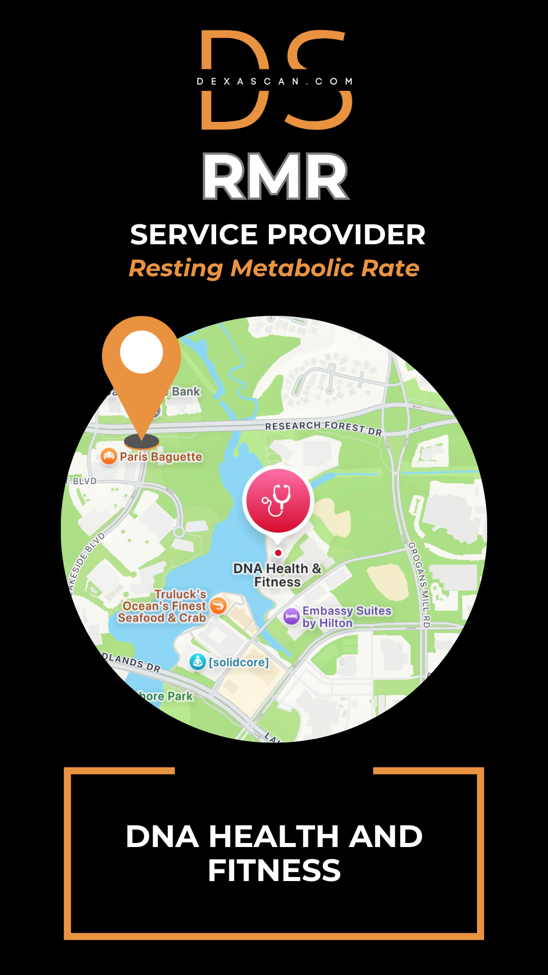 dexascan.com resting metabolic rate service provider DNA Health & Fitness with location map and pin