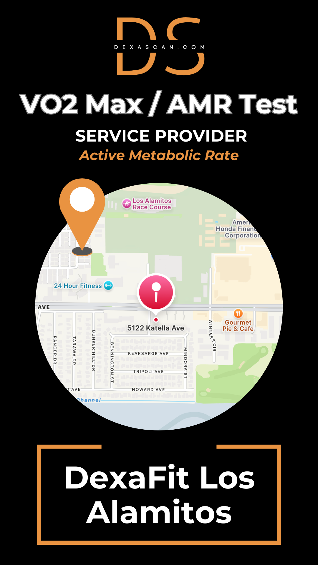 Advertisement for DexaScan VO2 Max/AMR Test service provider with map and branding elements.