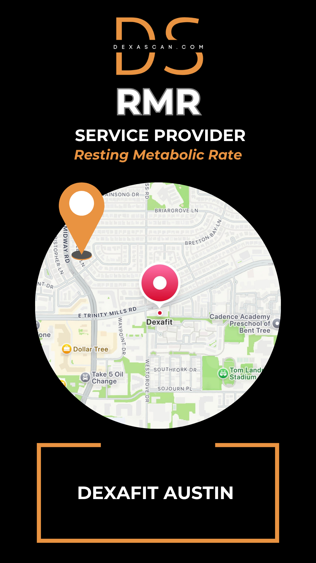 Map with location markers and text about RMR service provider DEXAFIT Austin on a black background.