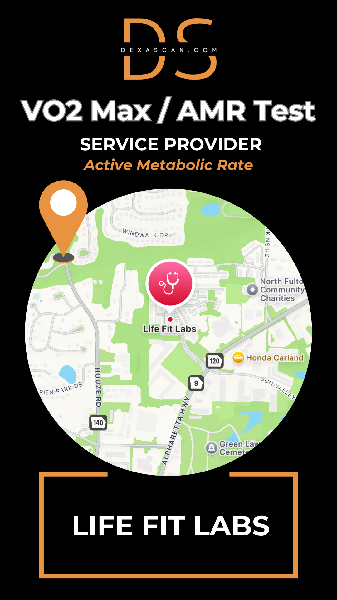 Map of a location with icons for VO2 Max/AMR Test service provider and Life Fit Labs.