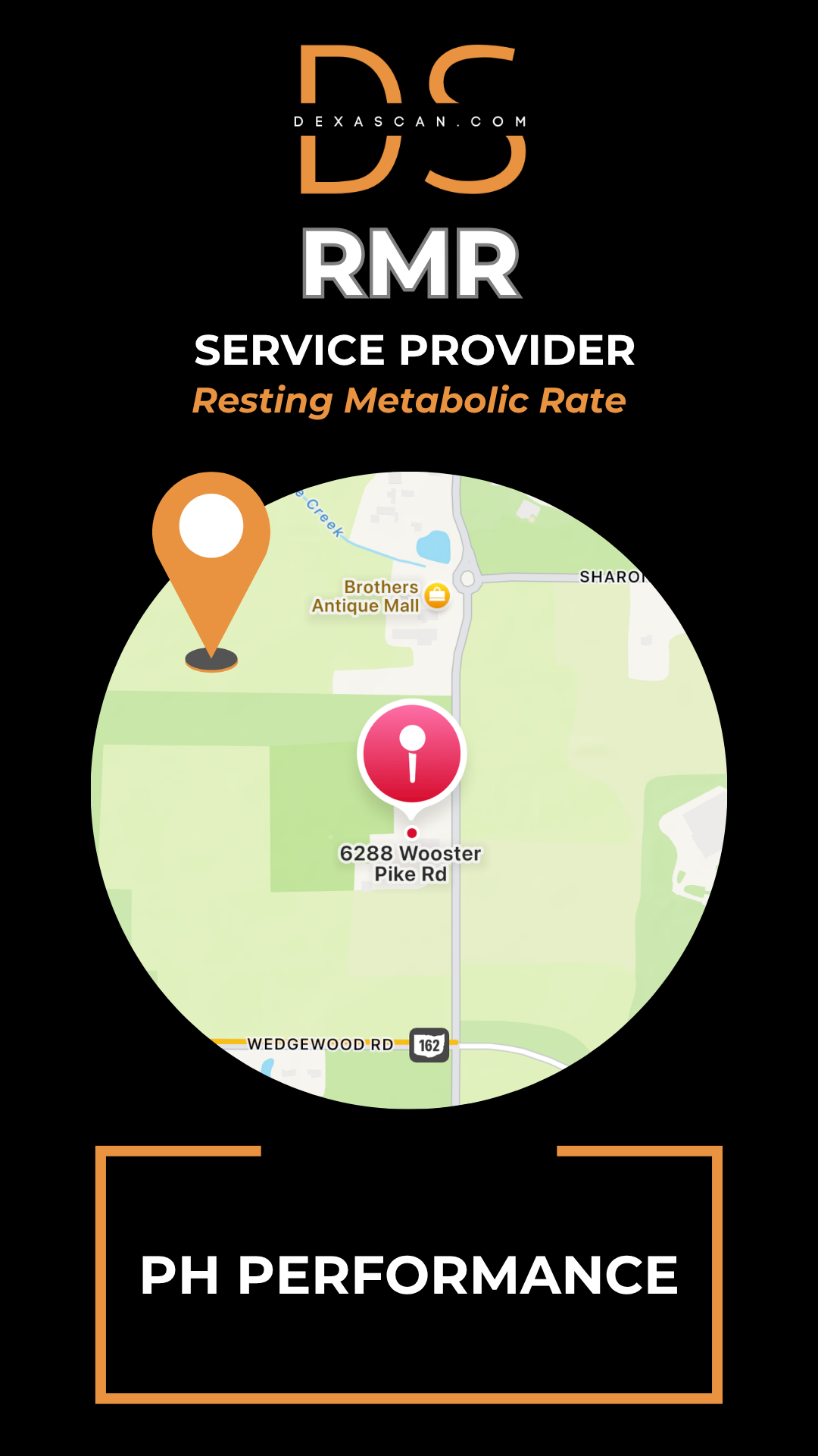 Map with location markers and text about RMR service provider on a black background