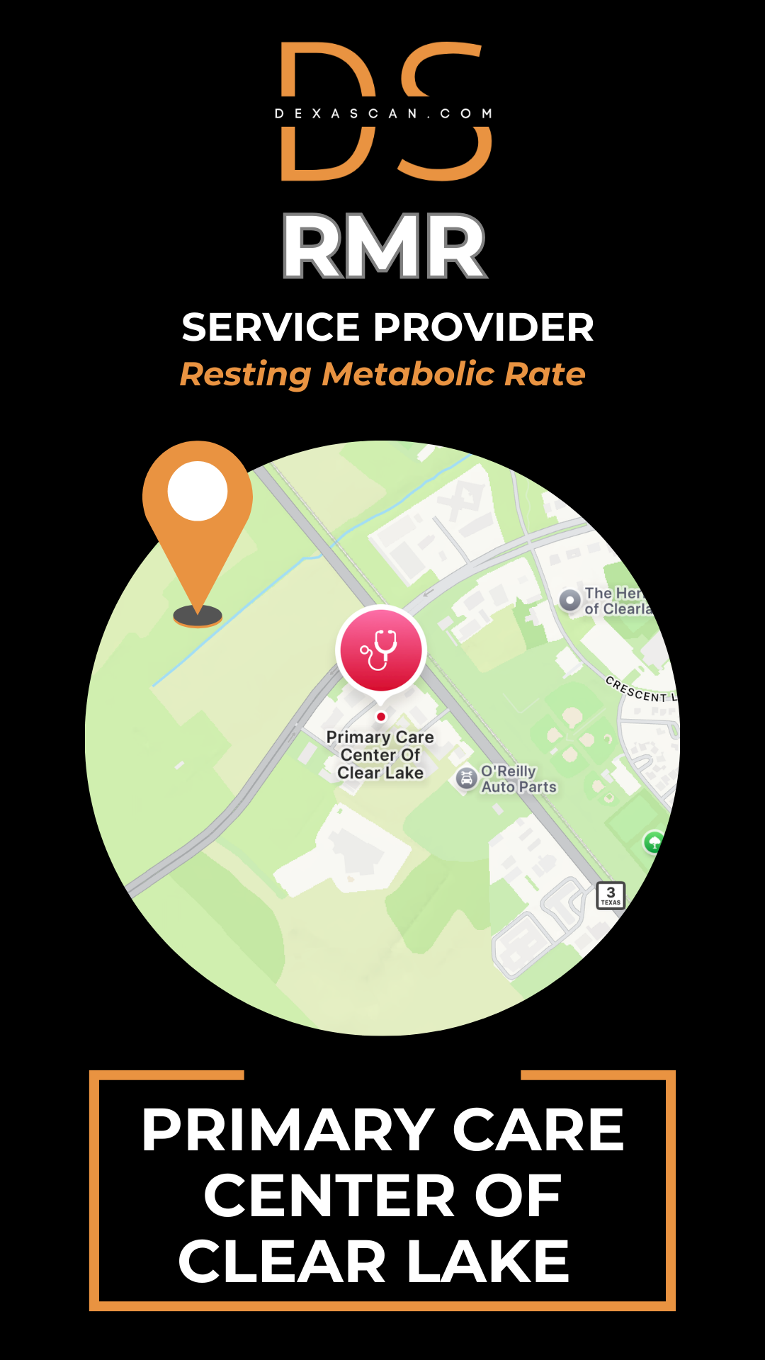 Map icon with location markers on a black background, featuring 'DS RMR' and 'Primary Care Center of Clear Lake'.