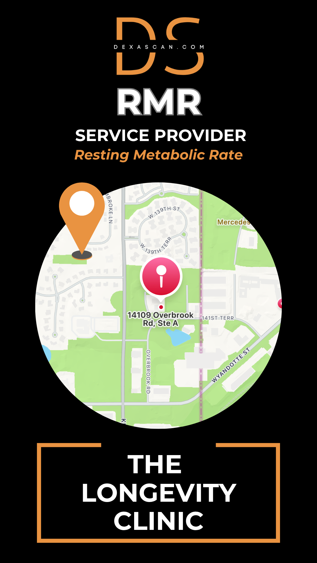 Advertisement for RMR service provider at The Longevity Clinic with map and location pin on a black background.