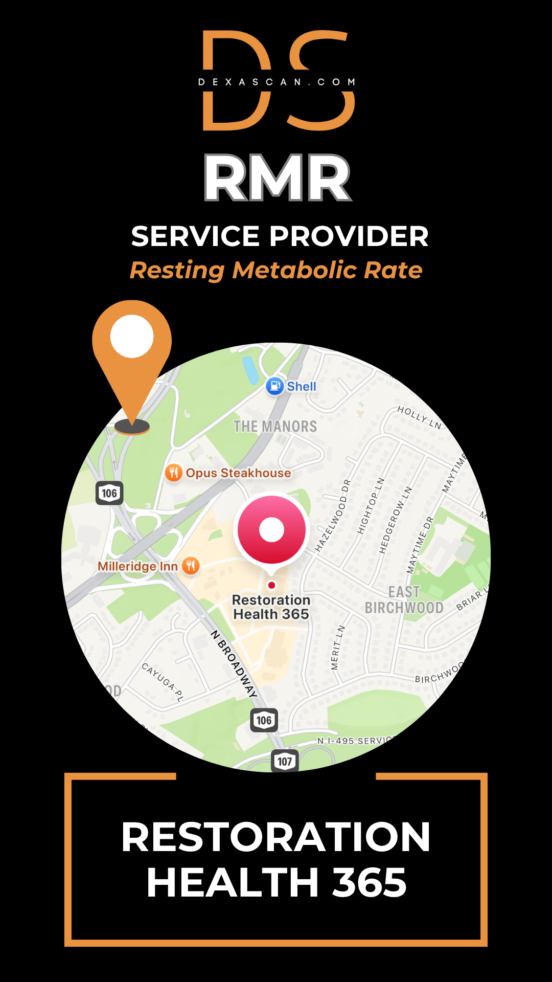 Map with a location marker and 'Restoration Health 365' branding on a black background