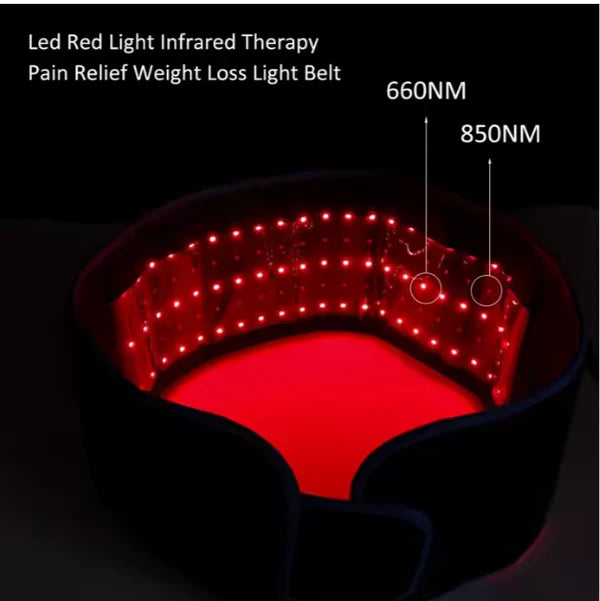 Red light therapy belt with wavelength labels on a black background