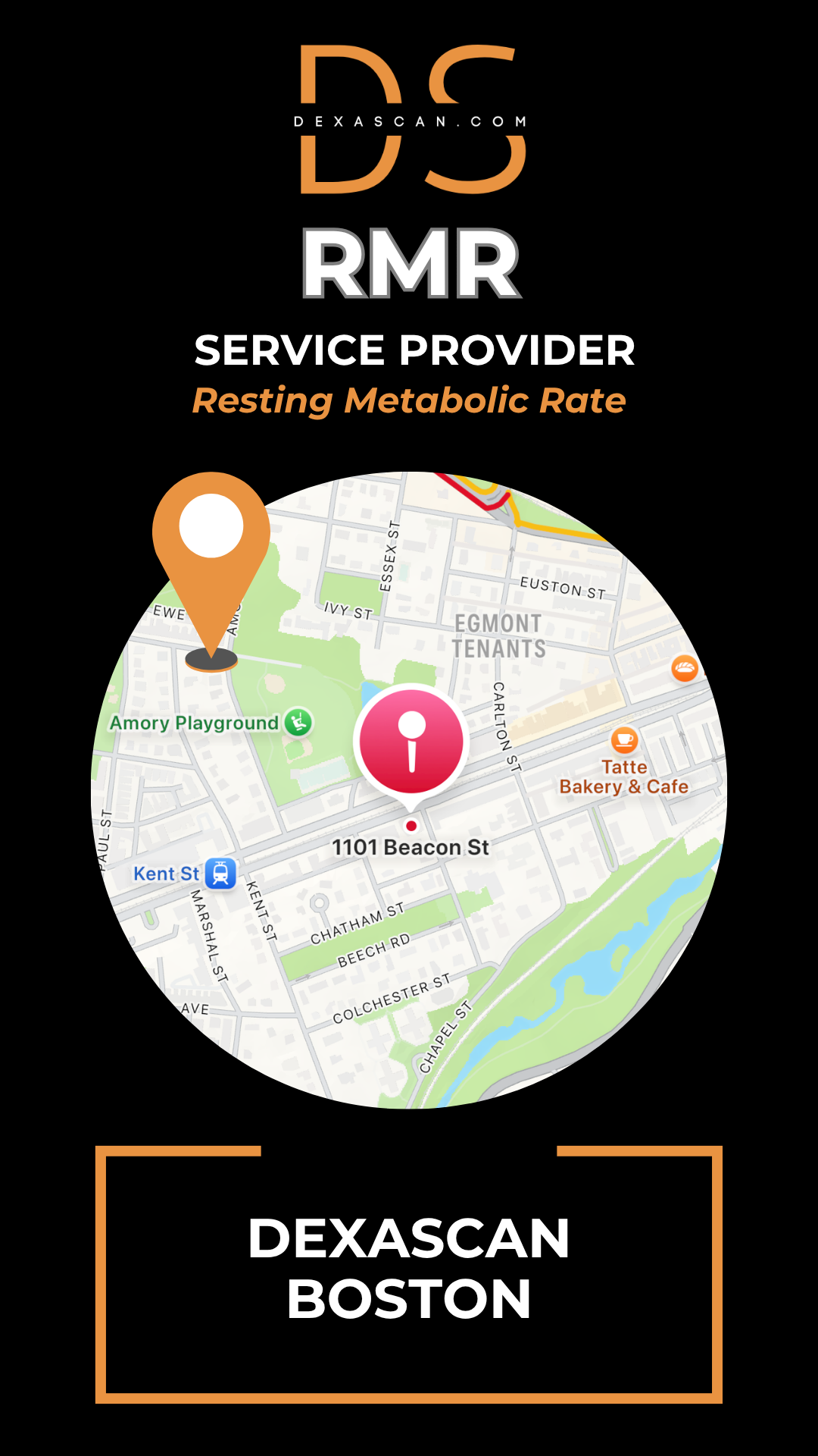 DEXASCAN boston advertising page for resting metabolic test with map pin