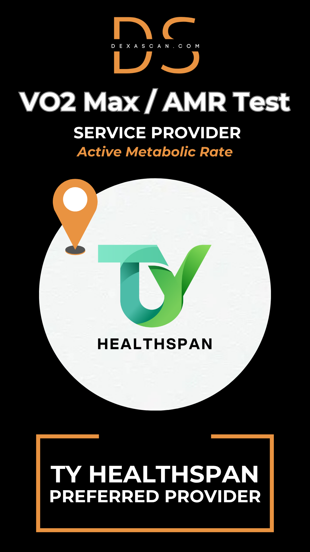 Advertisement for TY Healthspan VO2 Max/AMR Test service provider on a black background