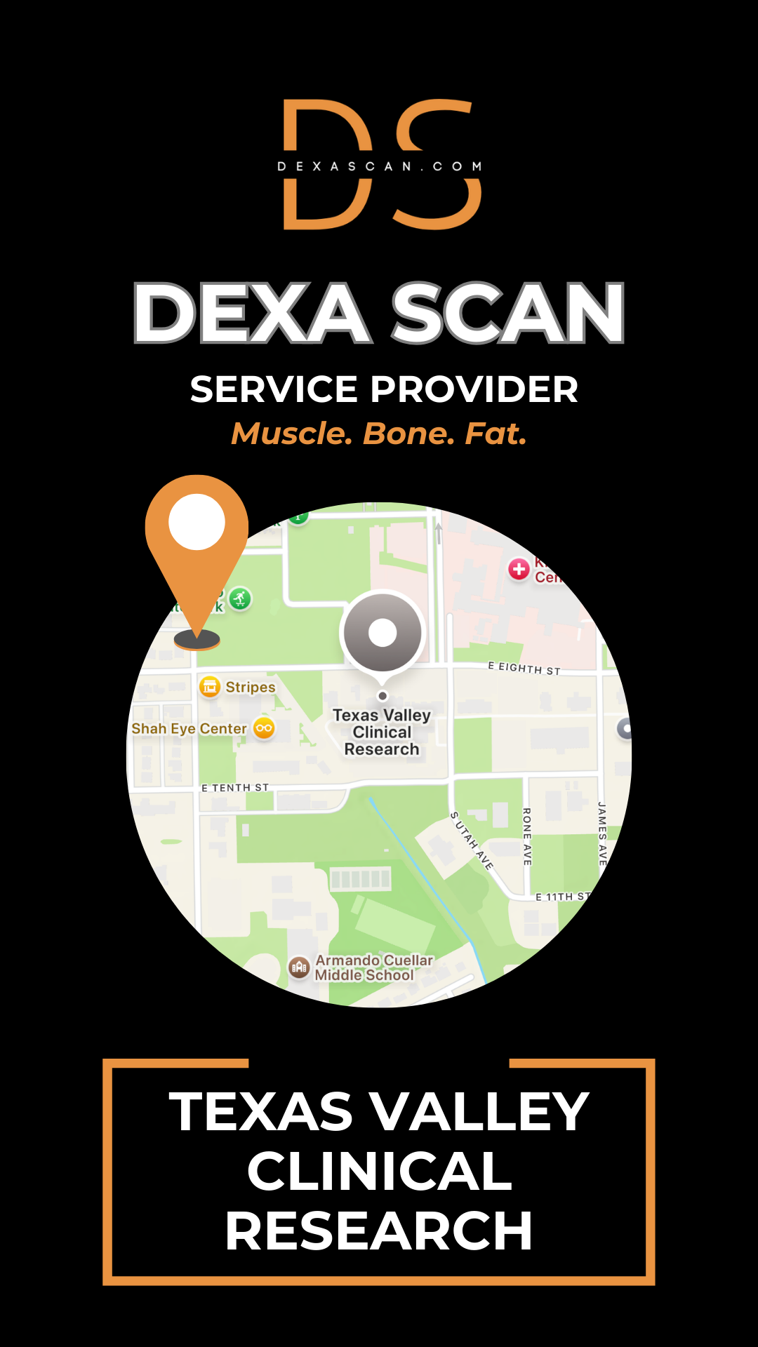 Dexa Scan service provider logo with a map and text on a black background