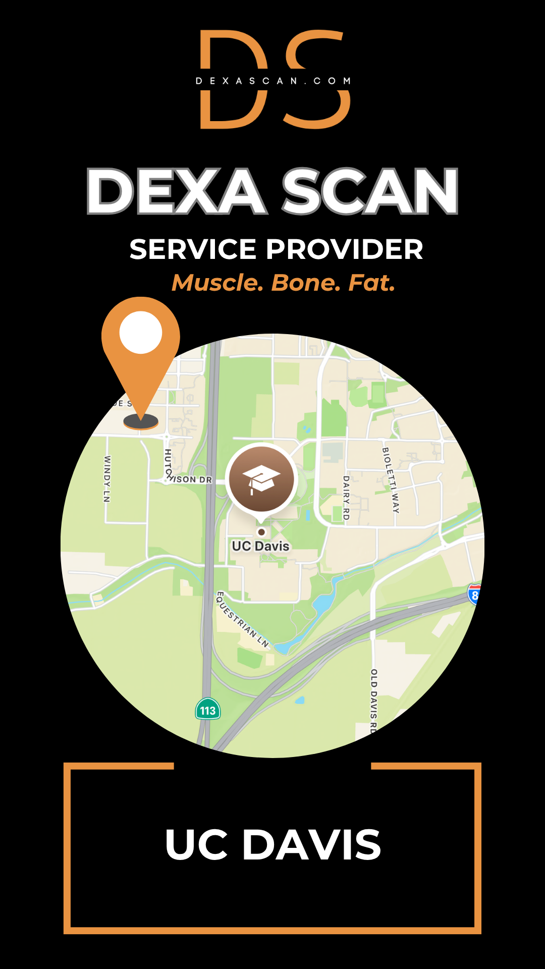 Dexa Scan service provider logo with a map of UC Davis on a black background