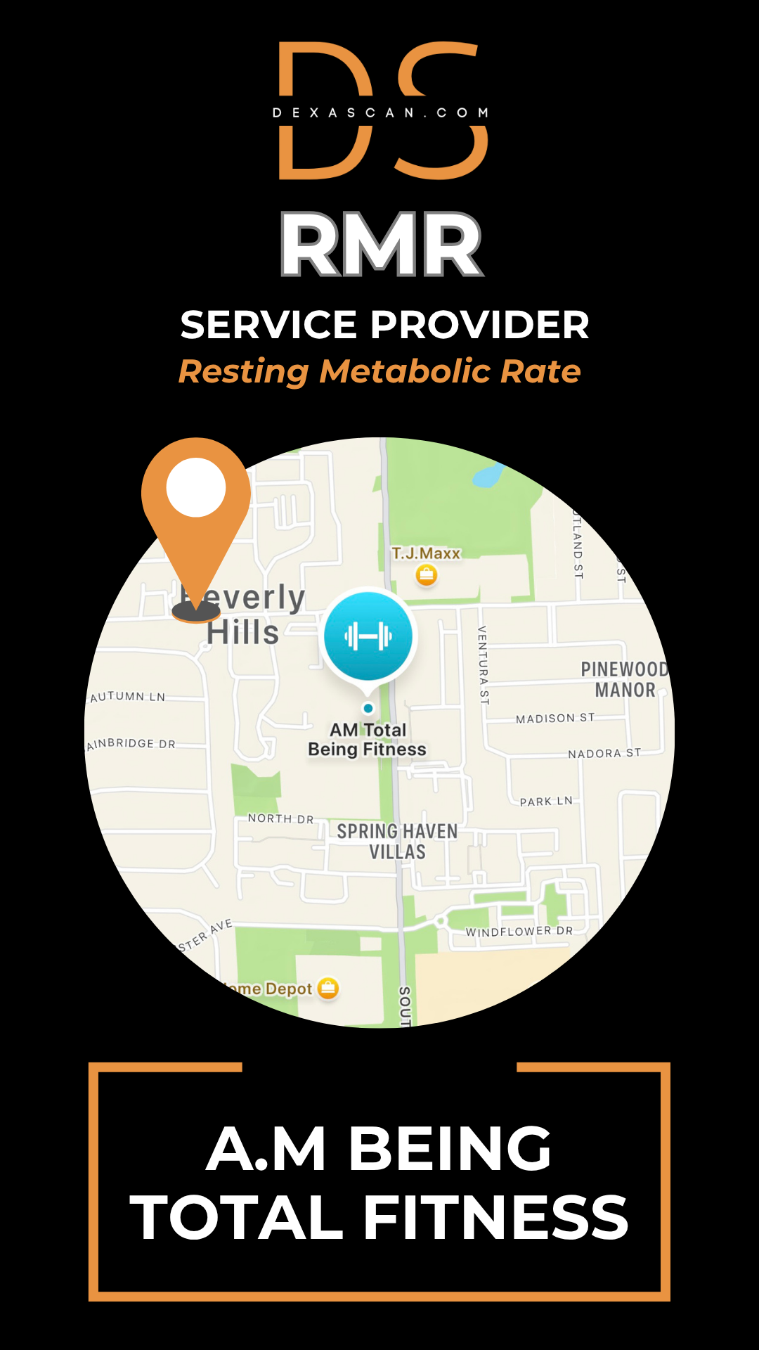 dexascan.com resting metabolic rate service provider AM Being Total Fitness with location map and pin