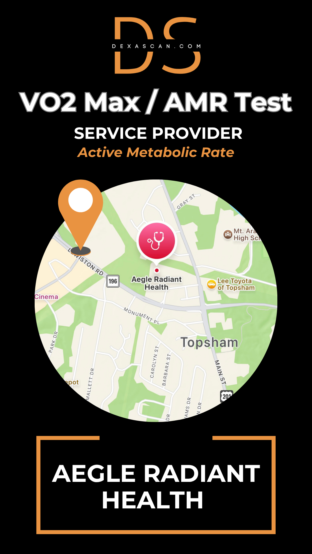 dexascan.com VO2 Max Active Metabolic Rate service provider Aegle Radiant Health with location map and pin