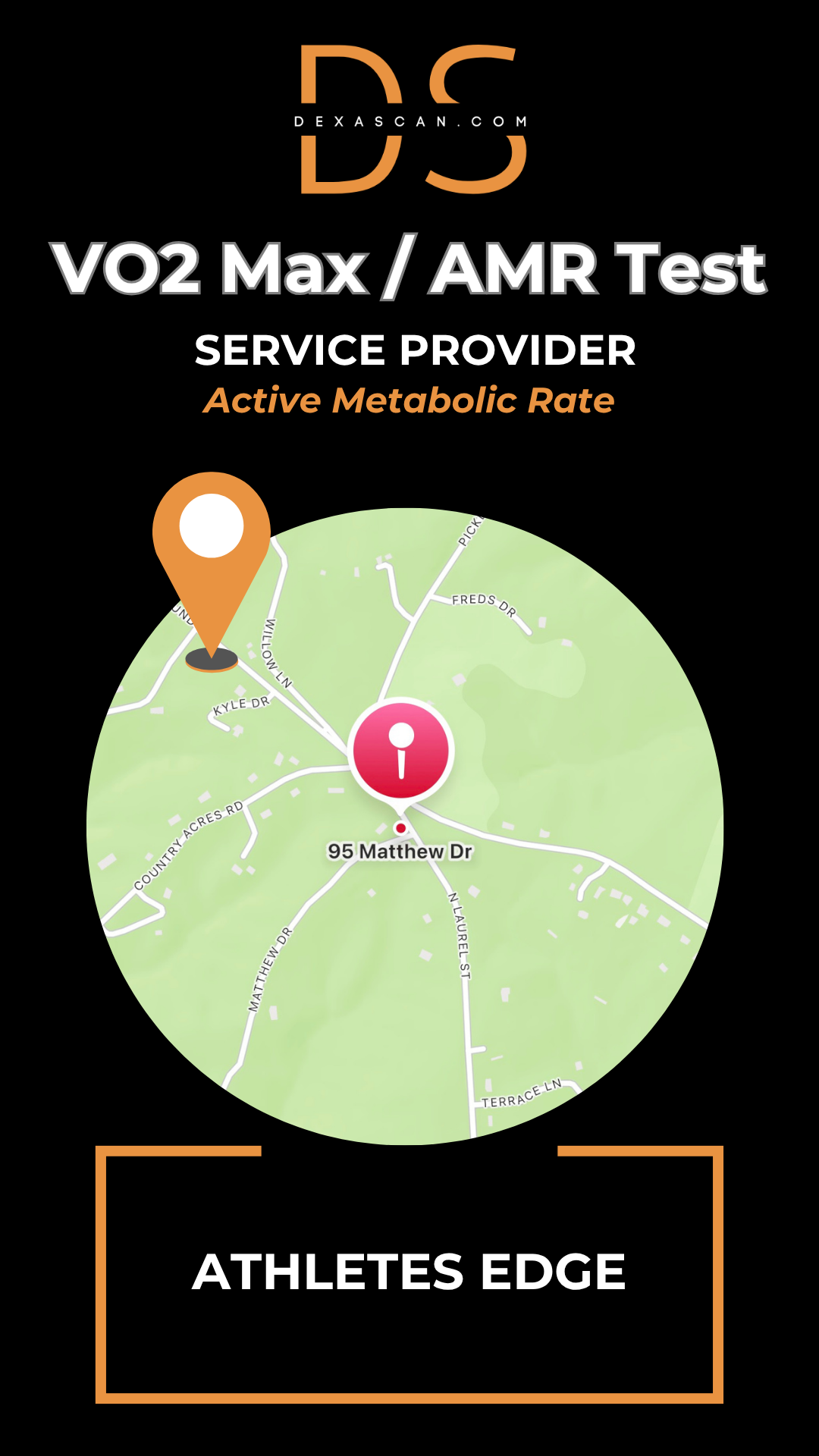 VO2 Max/AMR Test service provider with map icon and text on a black background