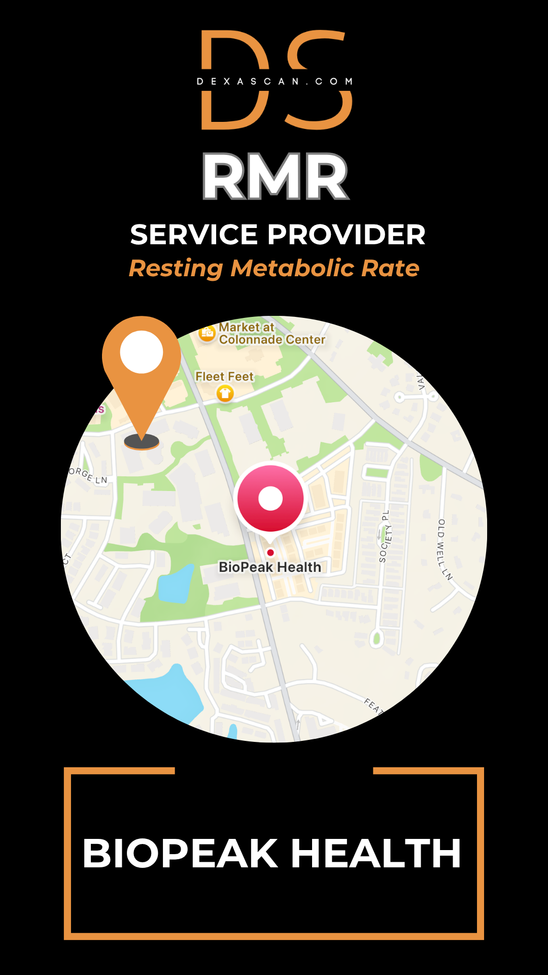 Map with location markers and 'BioPeak Health' branding on a black background with 'DS' and 'RMR' text.