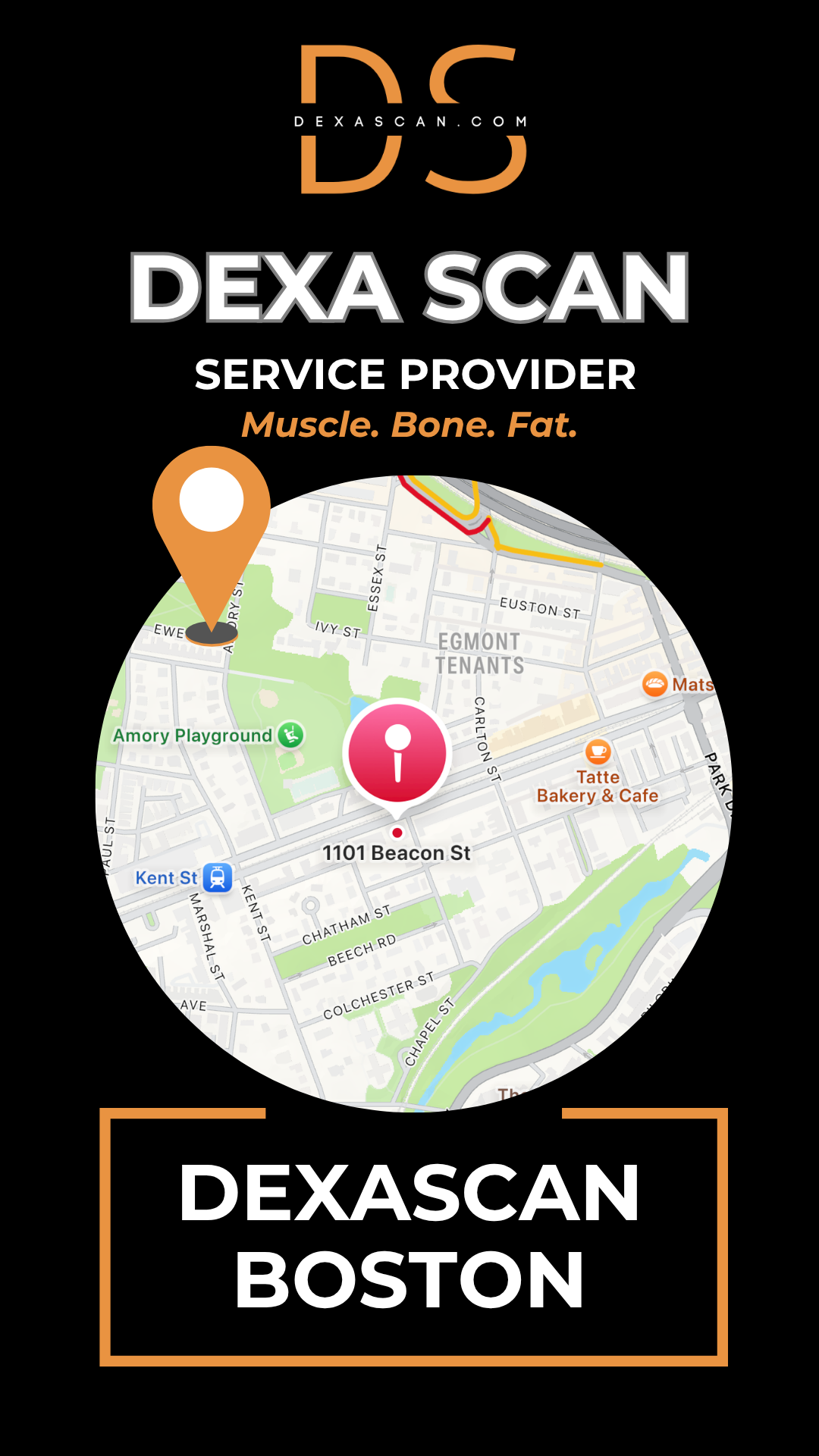 DEXASCAN Boston advertising page with map pin for DEXA body composition scan