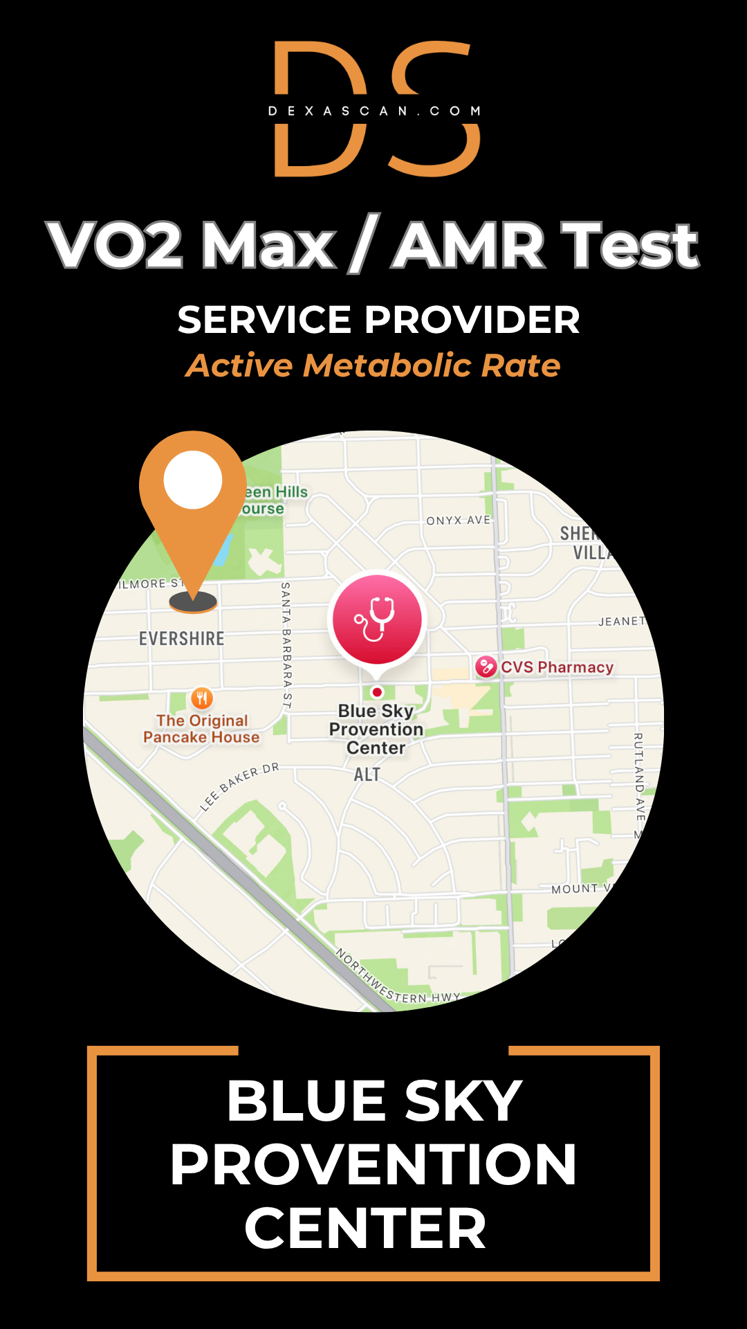 dexascan.com VO2 Max Active Metabolic Rate service provider Blue Sky Provention with location map and pin
