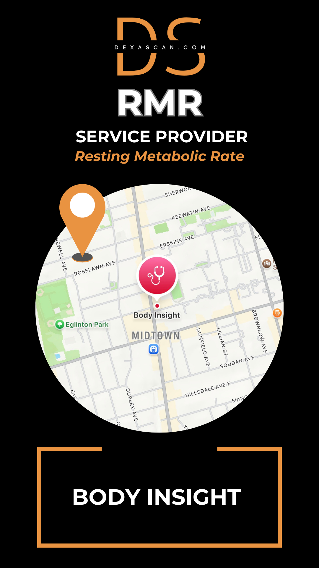 Map with location markers on a black background featuring 'Body Insight' branding.