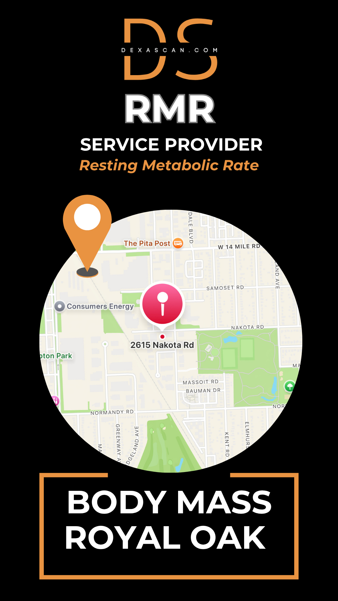 dexascan.com resting metabolic rate service provider Body Mass Royal Oak with location map and pin