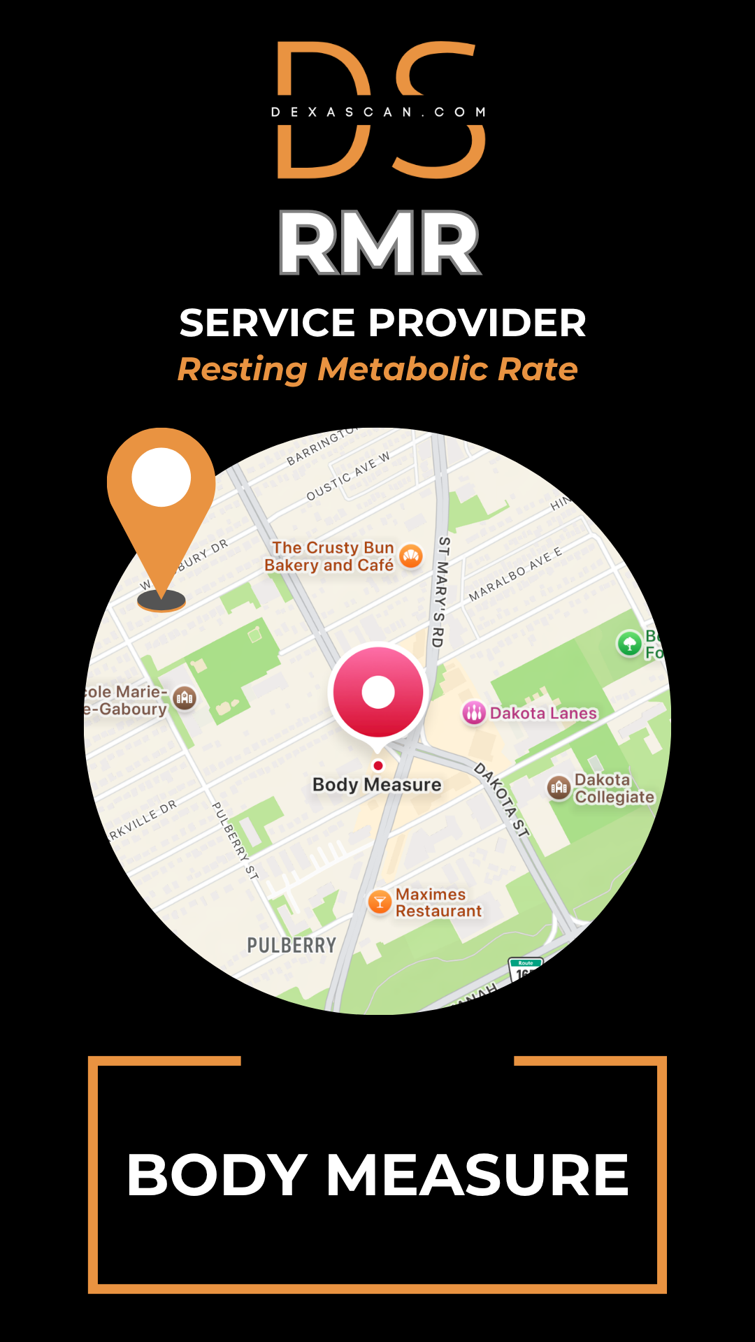Map with a location pin and 'Body Measure' text on a black background with 'DS' logo.