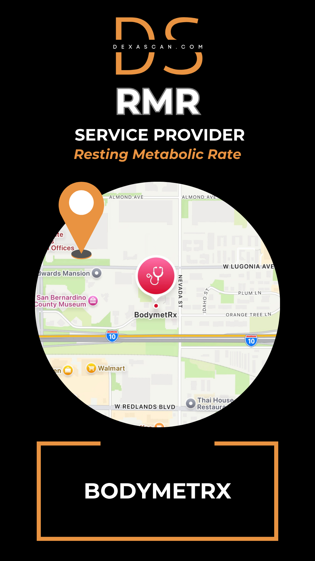 Map with a location marker and 'Bodymetrx' branding on a black background with 'DS RMR' text.