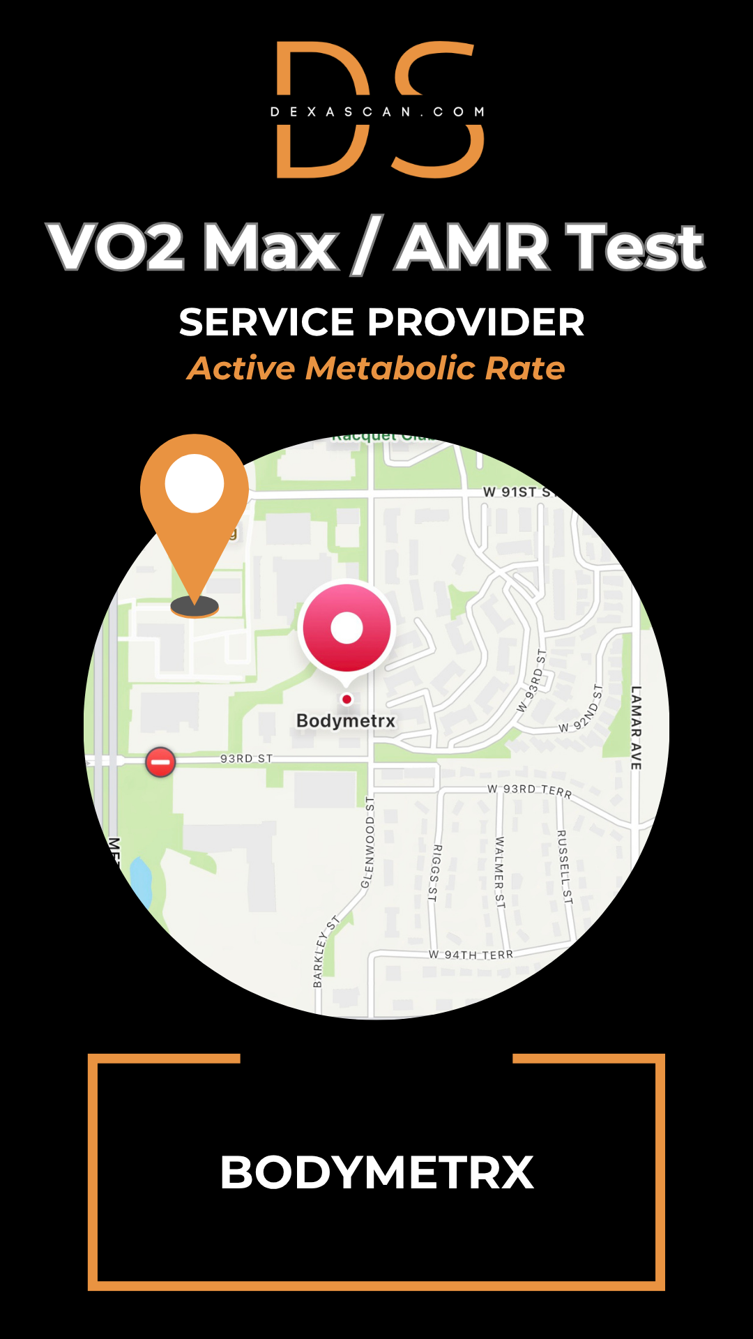 Bodymetrx VO2 Max/AMR Test service provider on a black background with map icon.