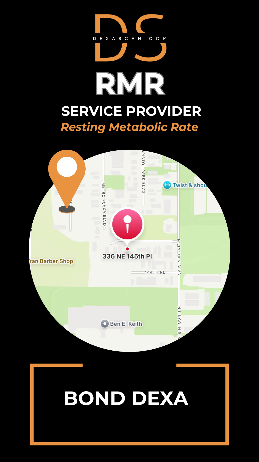 Map with location markers on a black background featuring 'DS' and 'RMR' branding.