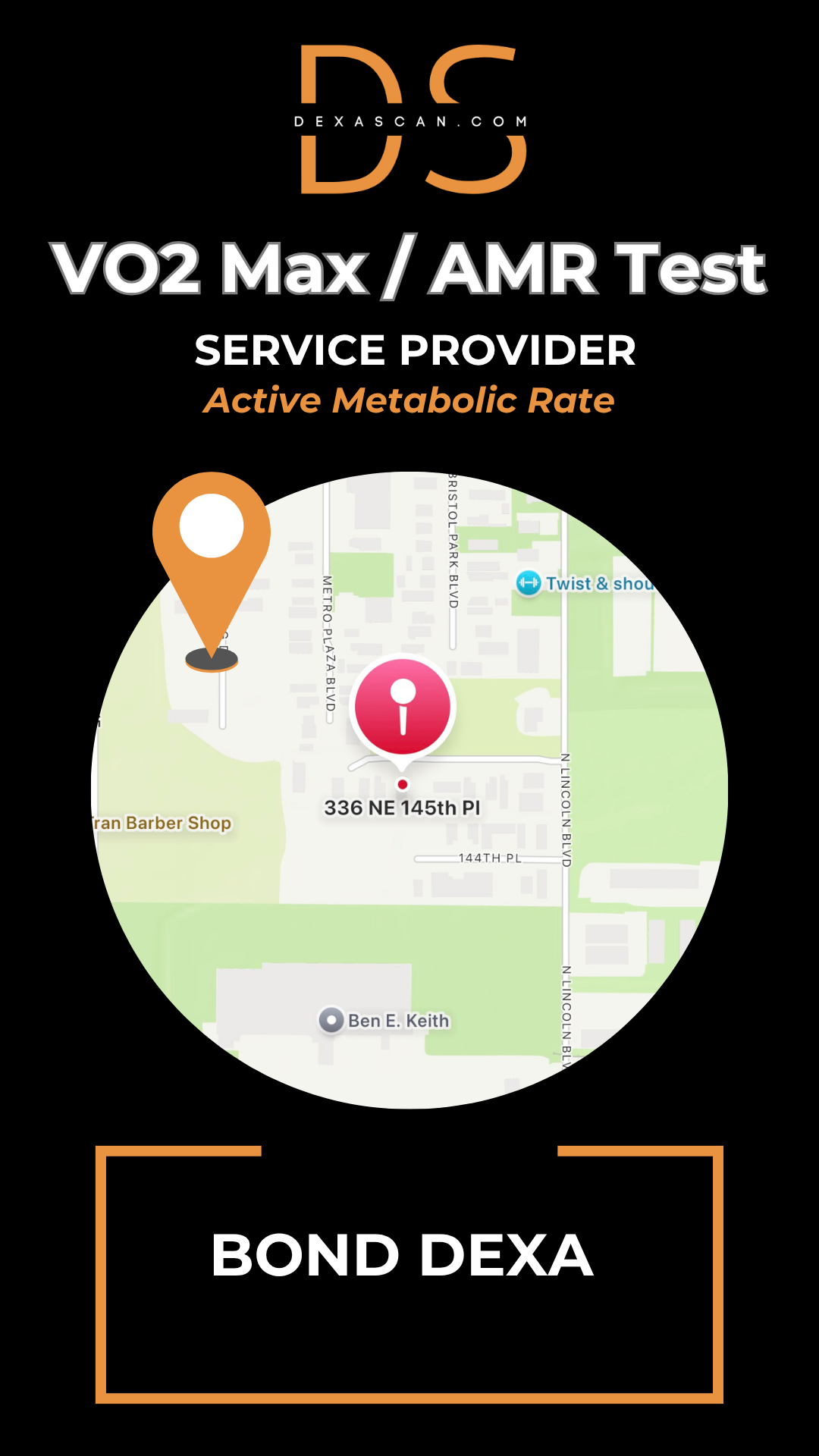 VO2 Max/AMR Test service provider with map and branding on a black background