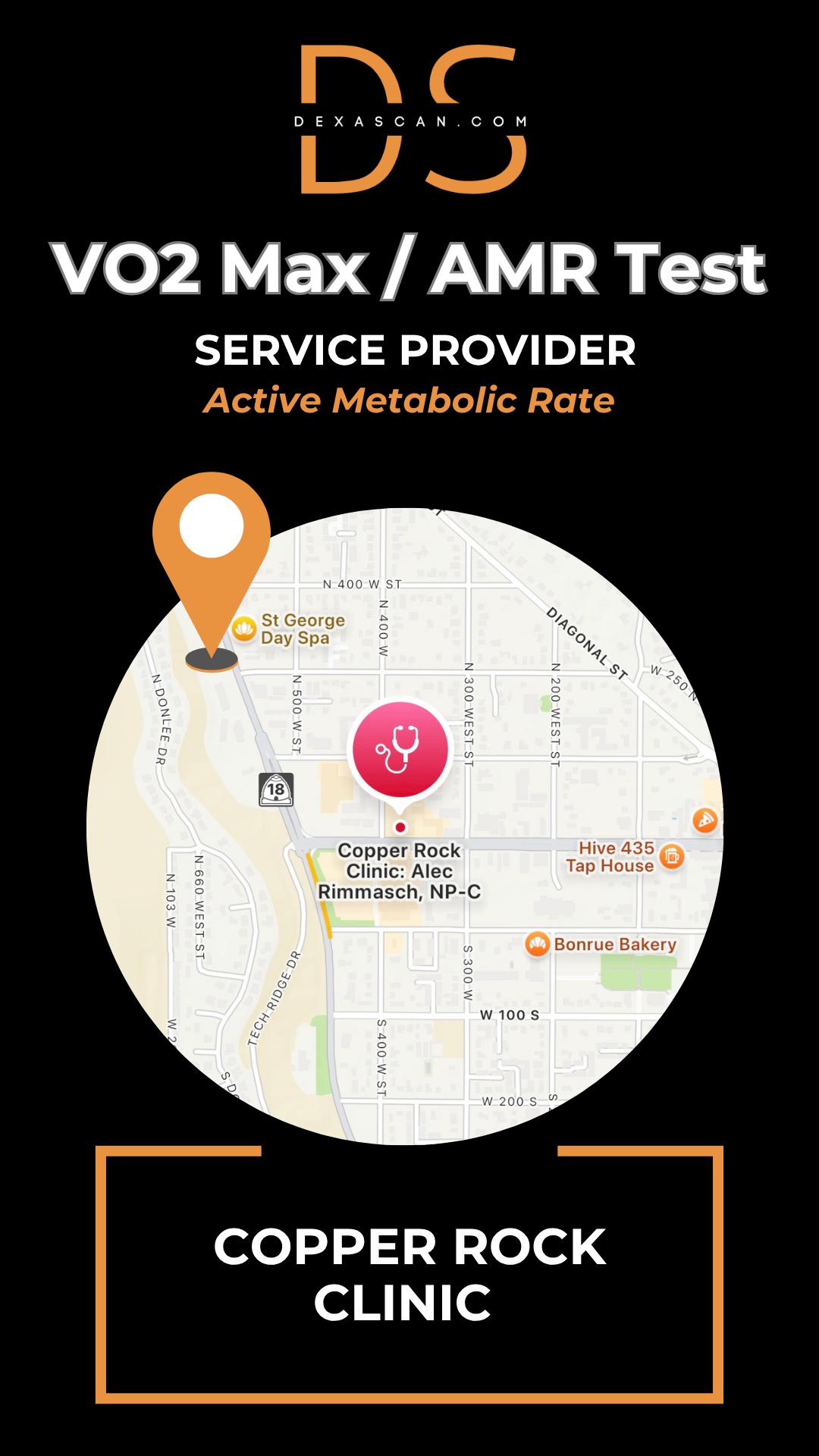 Map with a location marker pointing to Copper Rock Clinic for VO2 Max/AMR Test service provider.