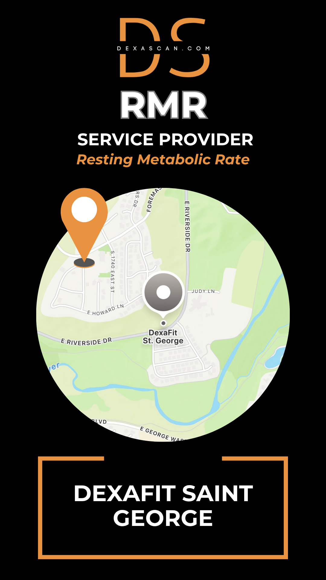 Map with a location marker and text about RMR service provider DEXAFIT Saint George on a black background.