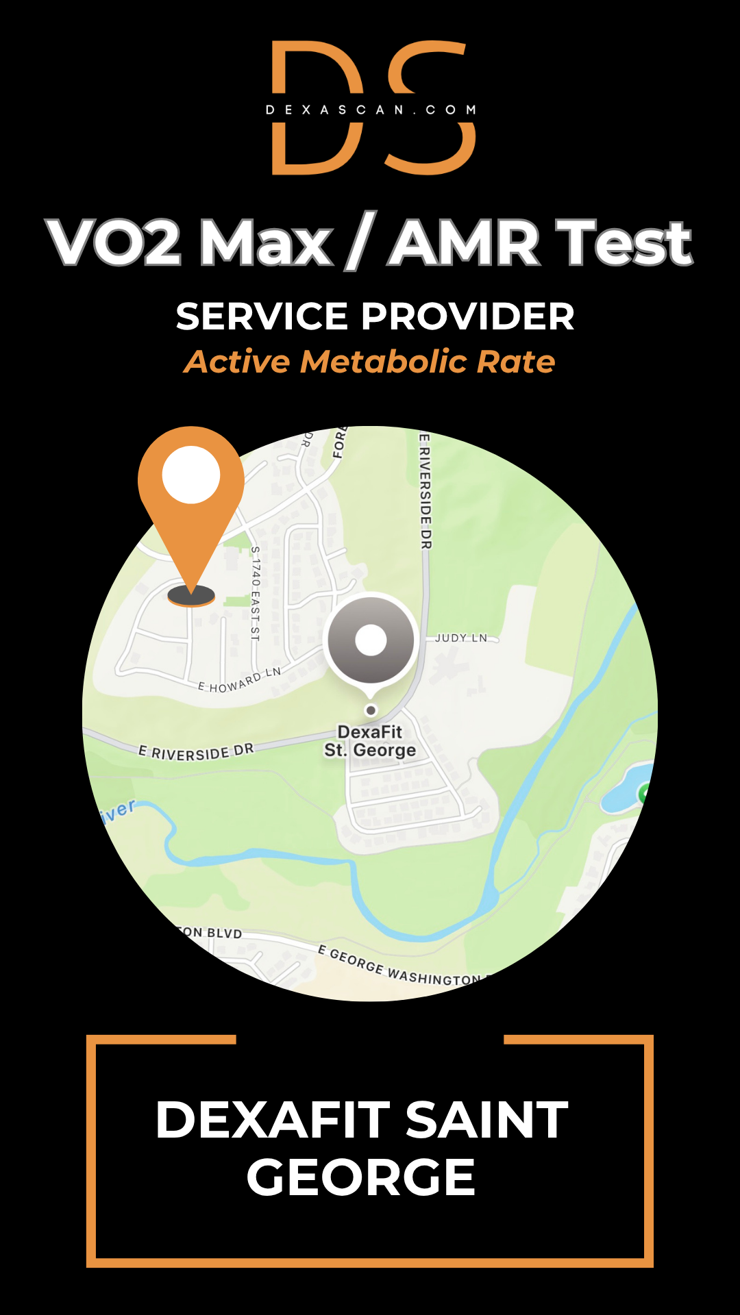 DEXAFIT SAINT GEORGE service provider for VO2 Max/AMR Test on a black background with map icon.