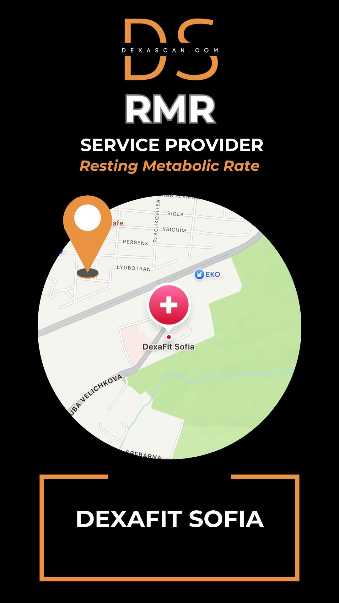 Map icon with location pin and plus sign on a black background with 'DEXAFIT SOFIA' branding.