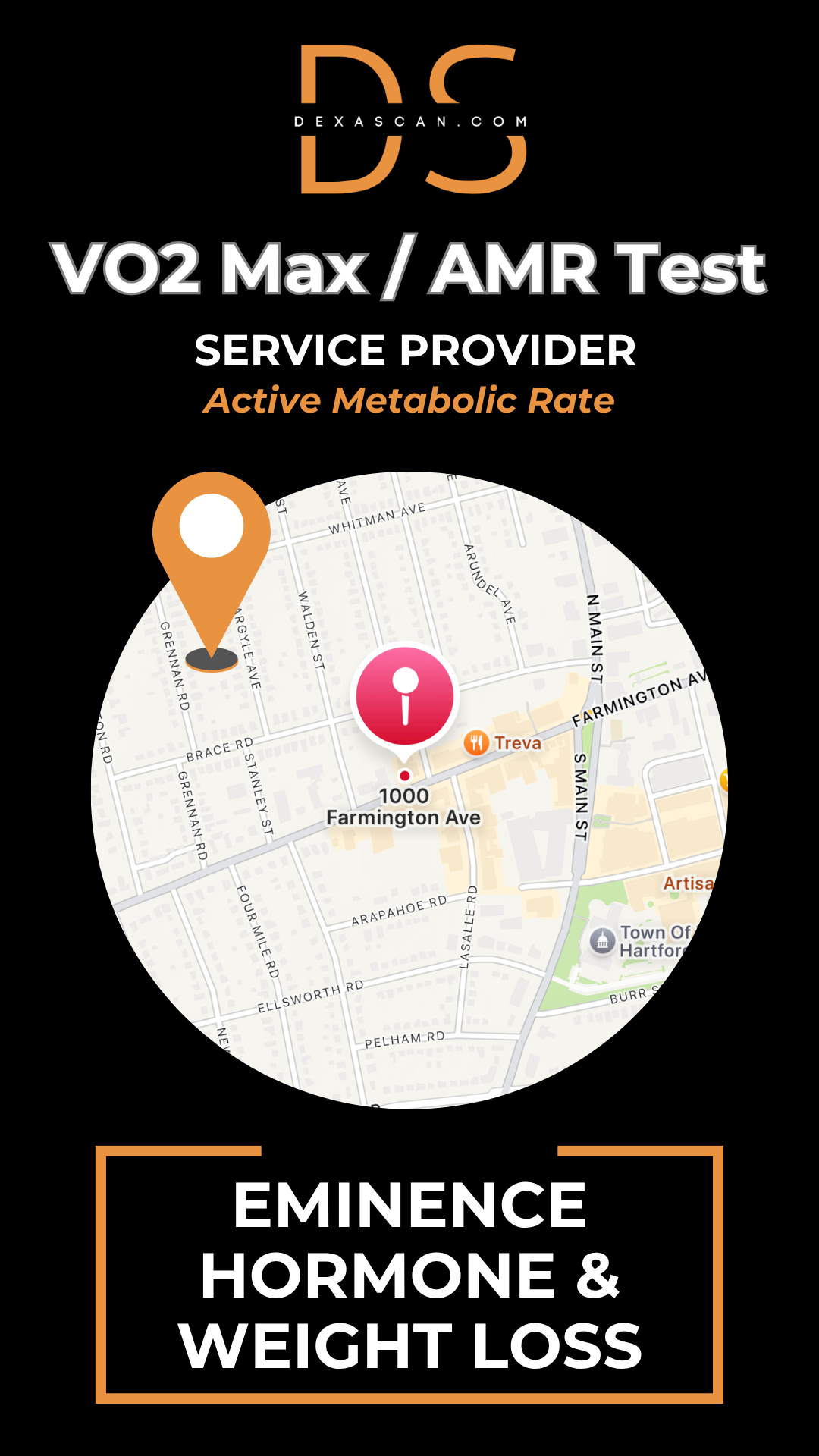 VO2 Max/AMR test service provider with a map and contact information on a black background.