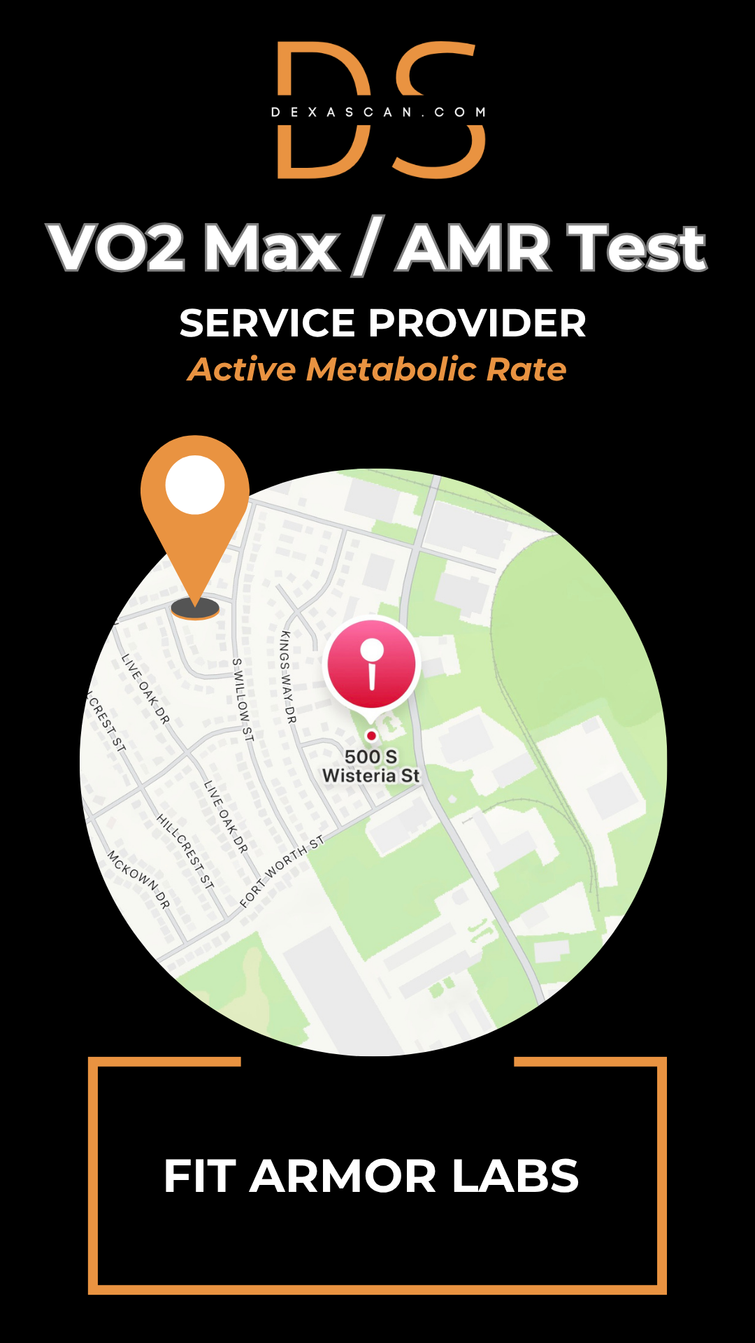 Fit Armor Labs VO2 Max/AMR Test service provider on a black background with map icon.