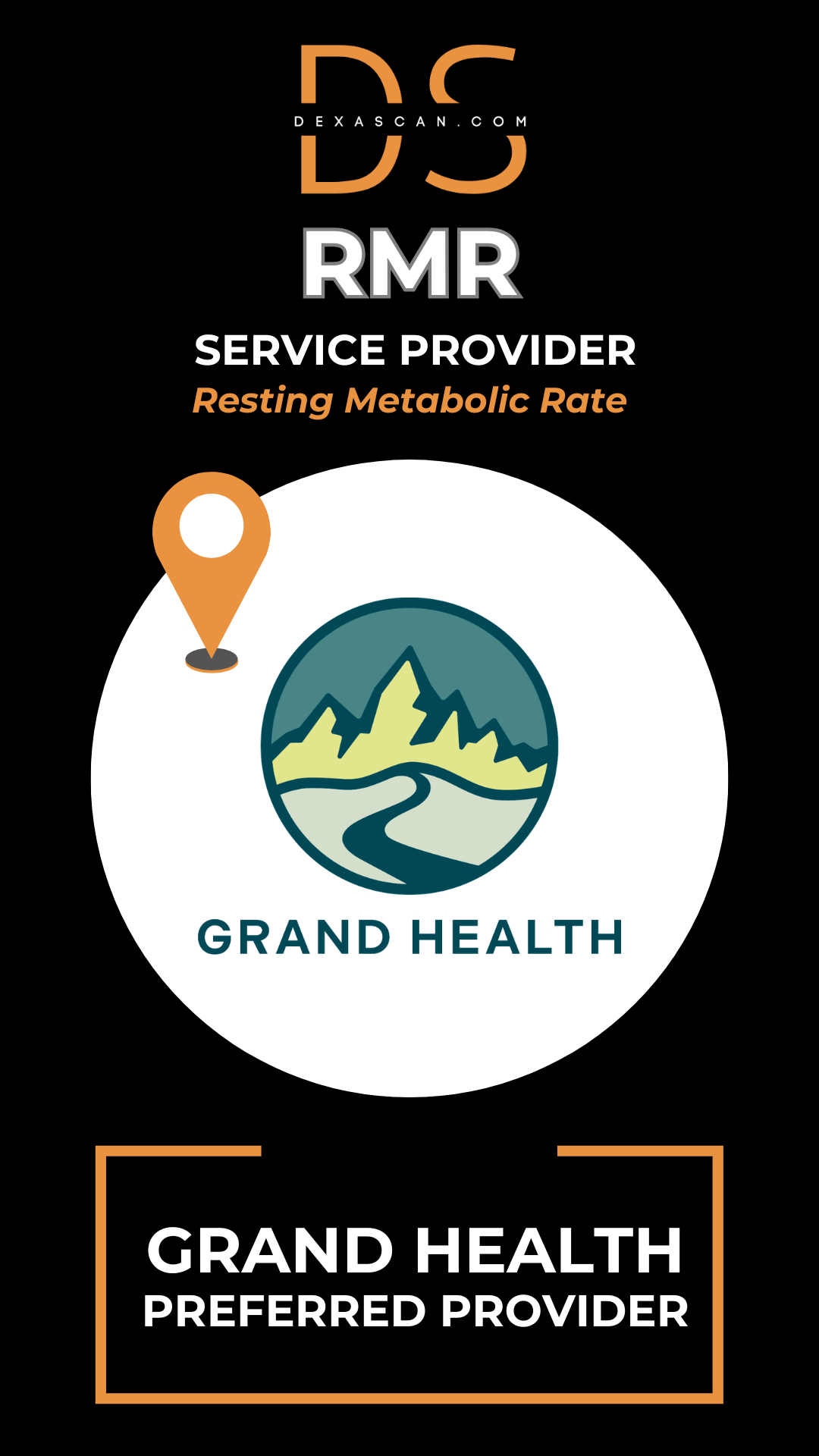 Grand Health logo with RMR service provider branding on a black background