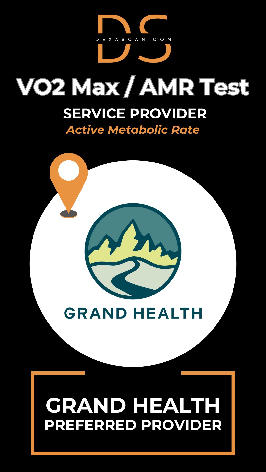 Grand Health VO2 Max/AMR Test service provider on a black background