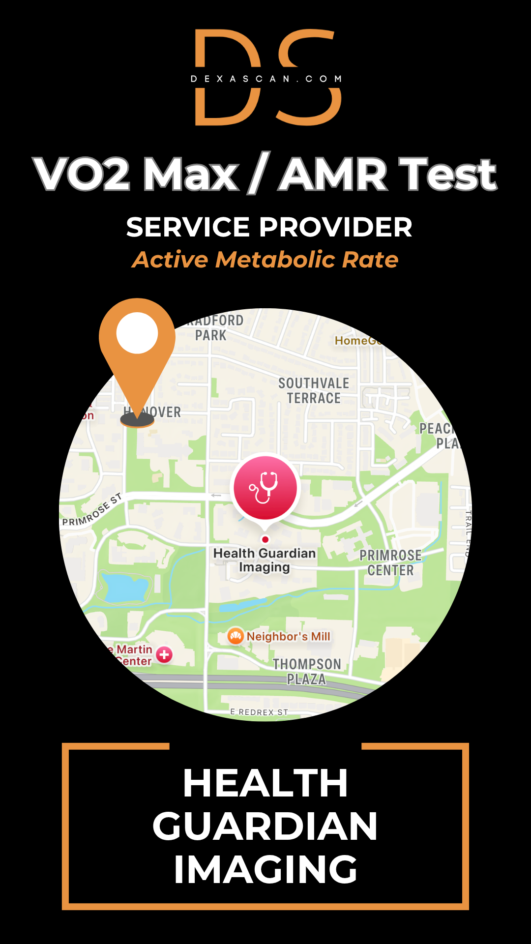 Advertisement for Health Guardian Imaging services with a map and location pin on a black background.