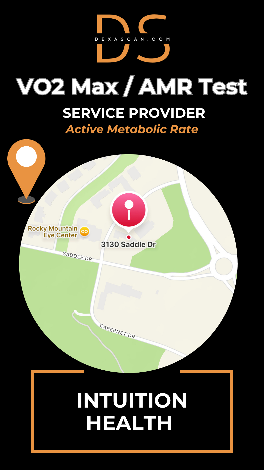 dexascan.com VO2 Max Active Metabolic Rate service provider Intuition Health with location map and pin