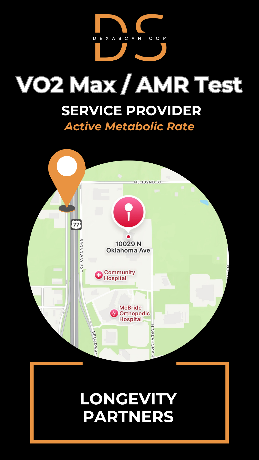 VO2 Max/AMR Test service provider with map and location details on a black background.