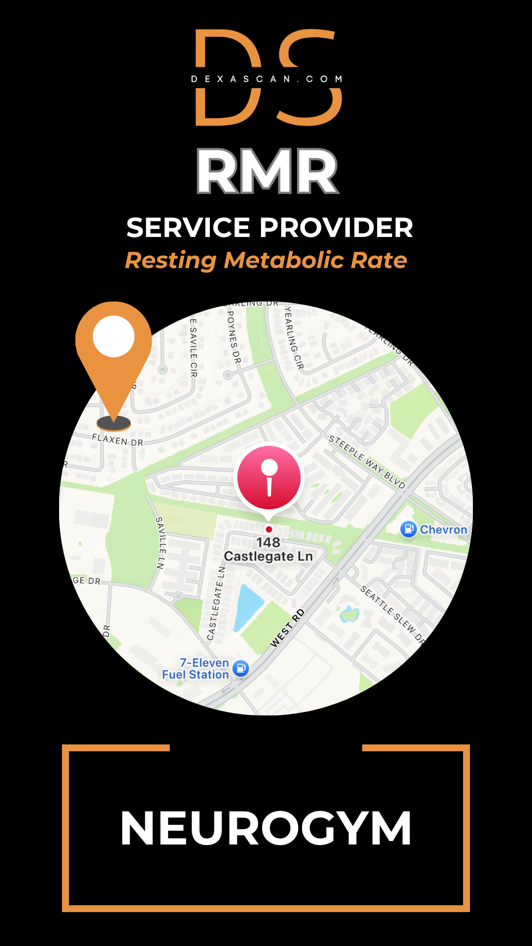 NeuroGym logo with a map and location pin on a black background