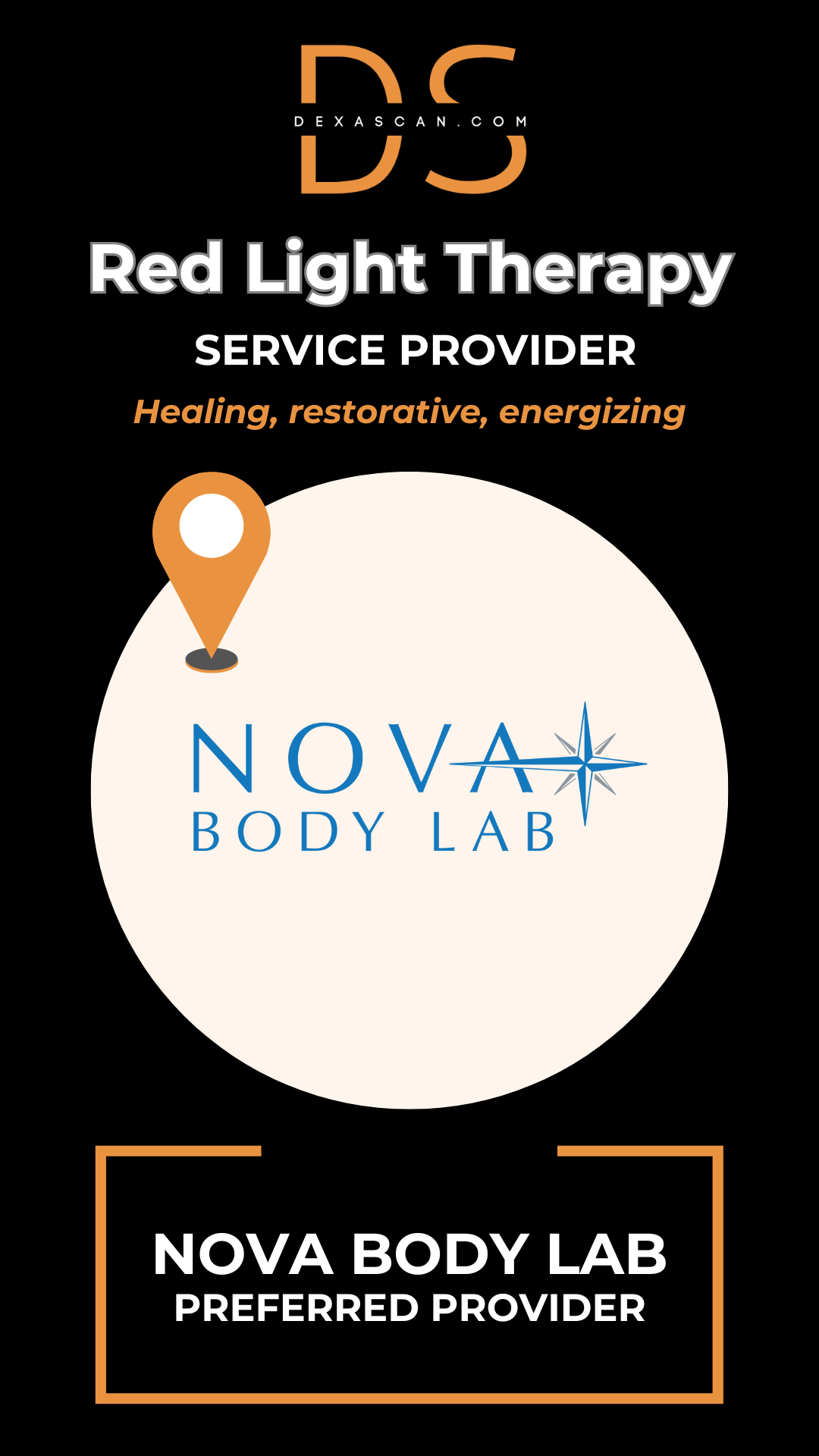 Advertisement for Nova Body Lab red light therapy service provider on a black background