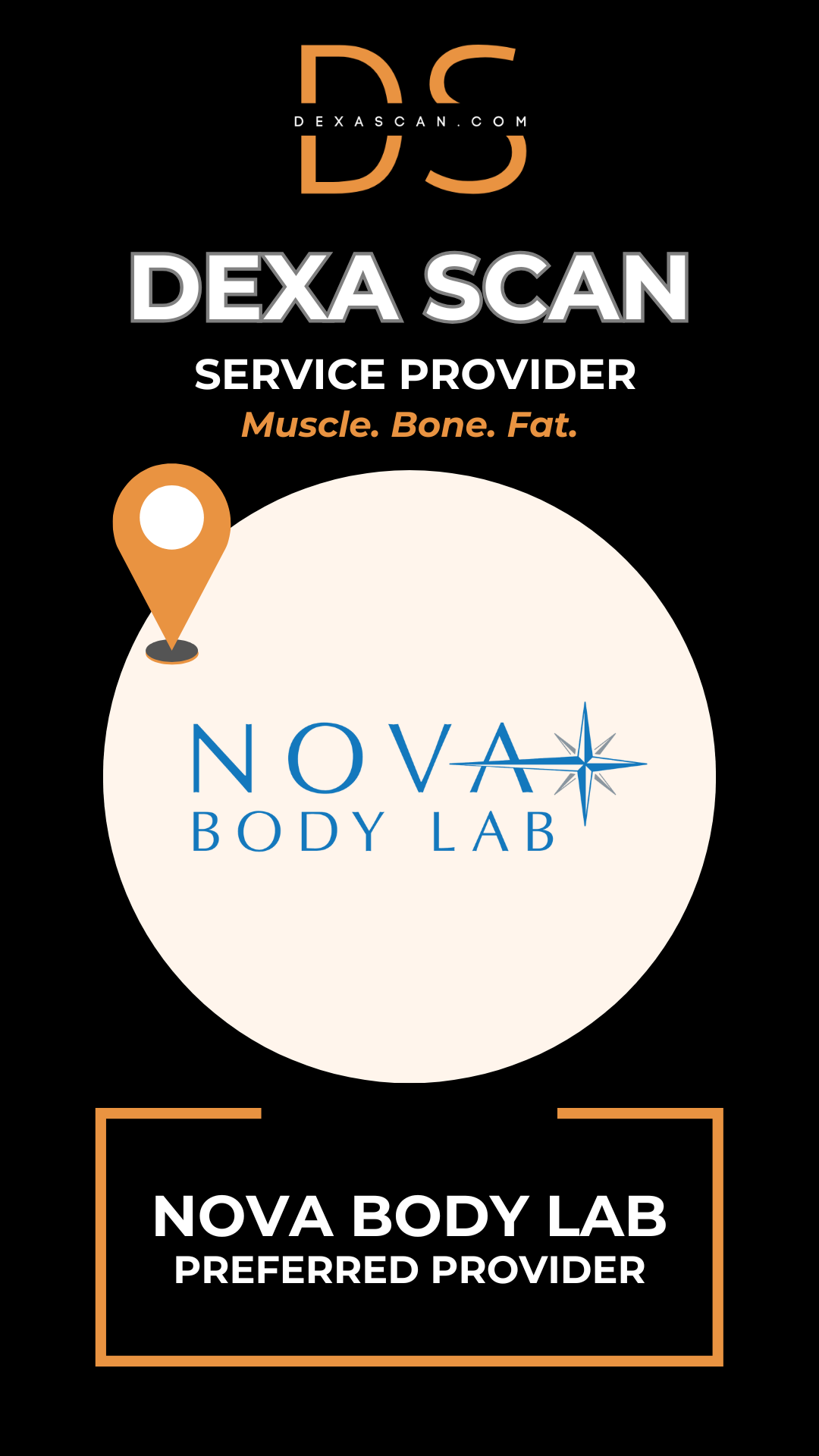 Advertisement for DEXA Scan service provider Nova Body Lab on a black background