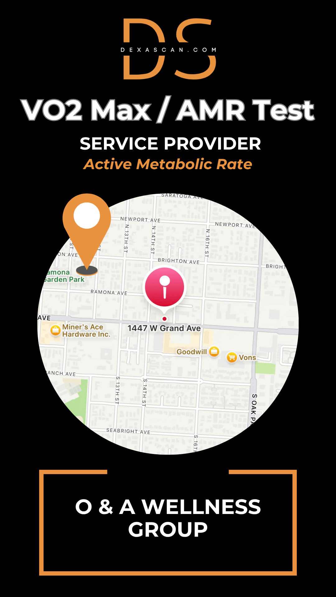 VO2 Max/AMR Test service provider with map and icons on a black background