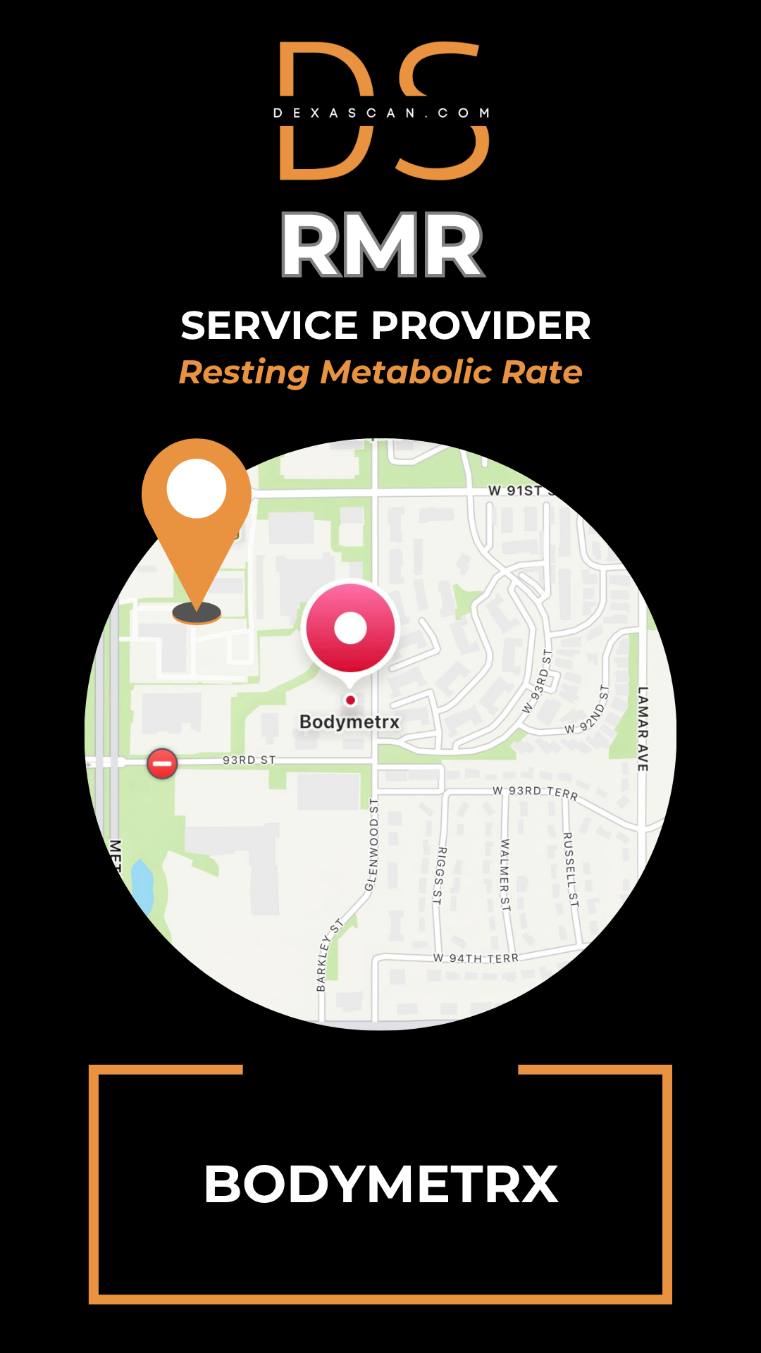 Map with location pin and 'Bodymetrx' branding on a black background