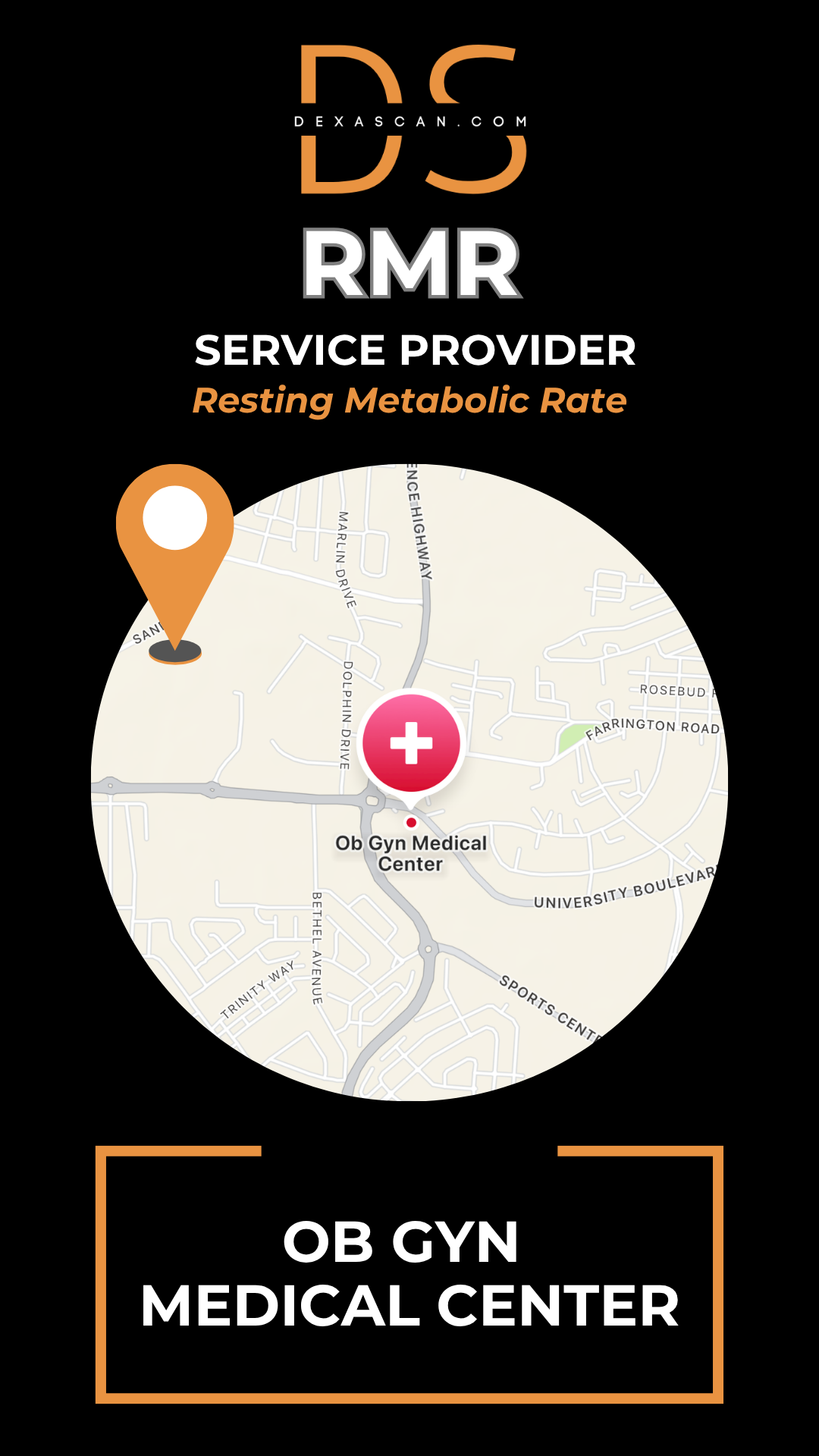 Map of a medical center with a location pin and text about RMR service provider OB GYN Medical Center.
