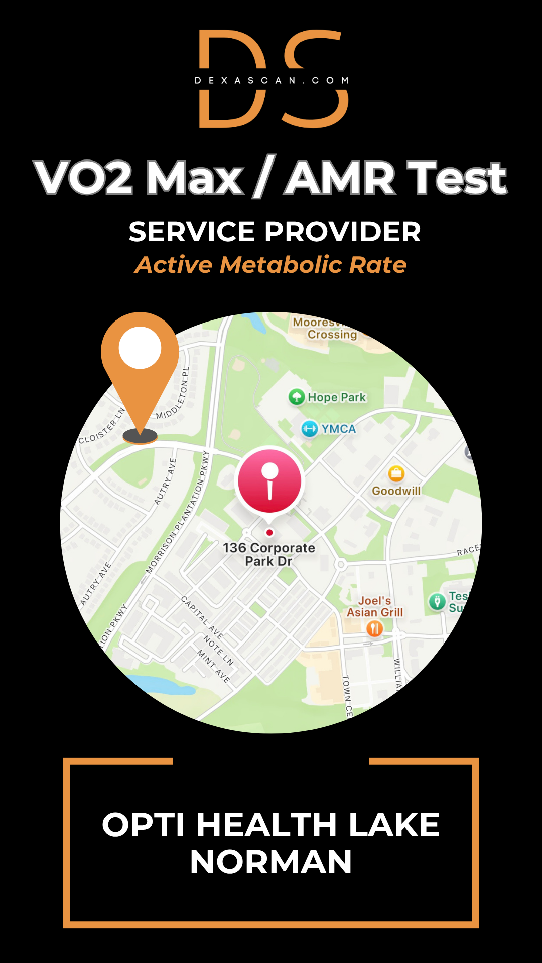 VO2 Max/AMR Test service provider with map and contact information on a black background.